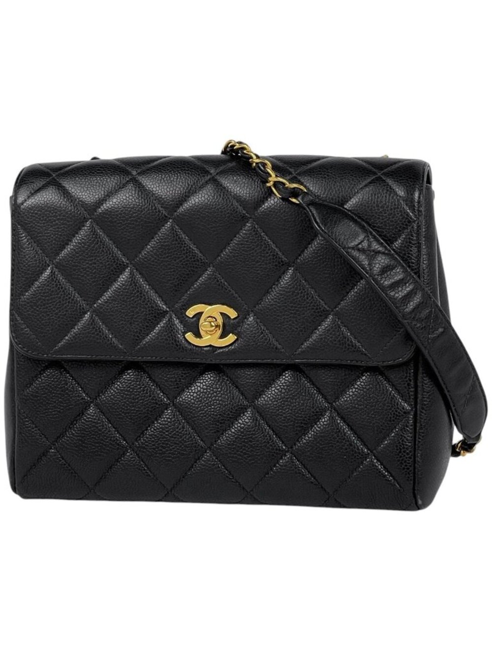 Chanel Shoulder Bag Quilted CC Logo Caviar Leather Black